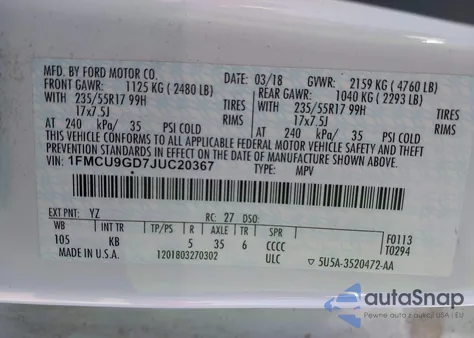 2018 Ford Escape Se from USA, damaged, VIN 1FMCU9GD7JUC20367